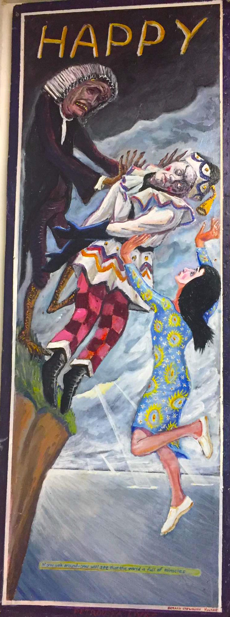 Painting of clown figure getting pushed off a cliff by lawyer