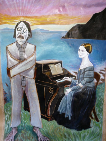 Painting showing man in straight jacket and Clara Schuman on the piano