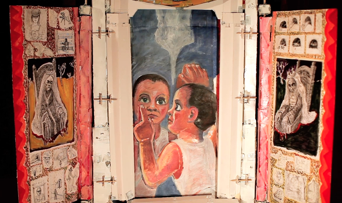 a painting of a small child looking in a mirror.