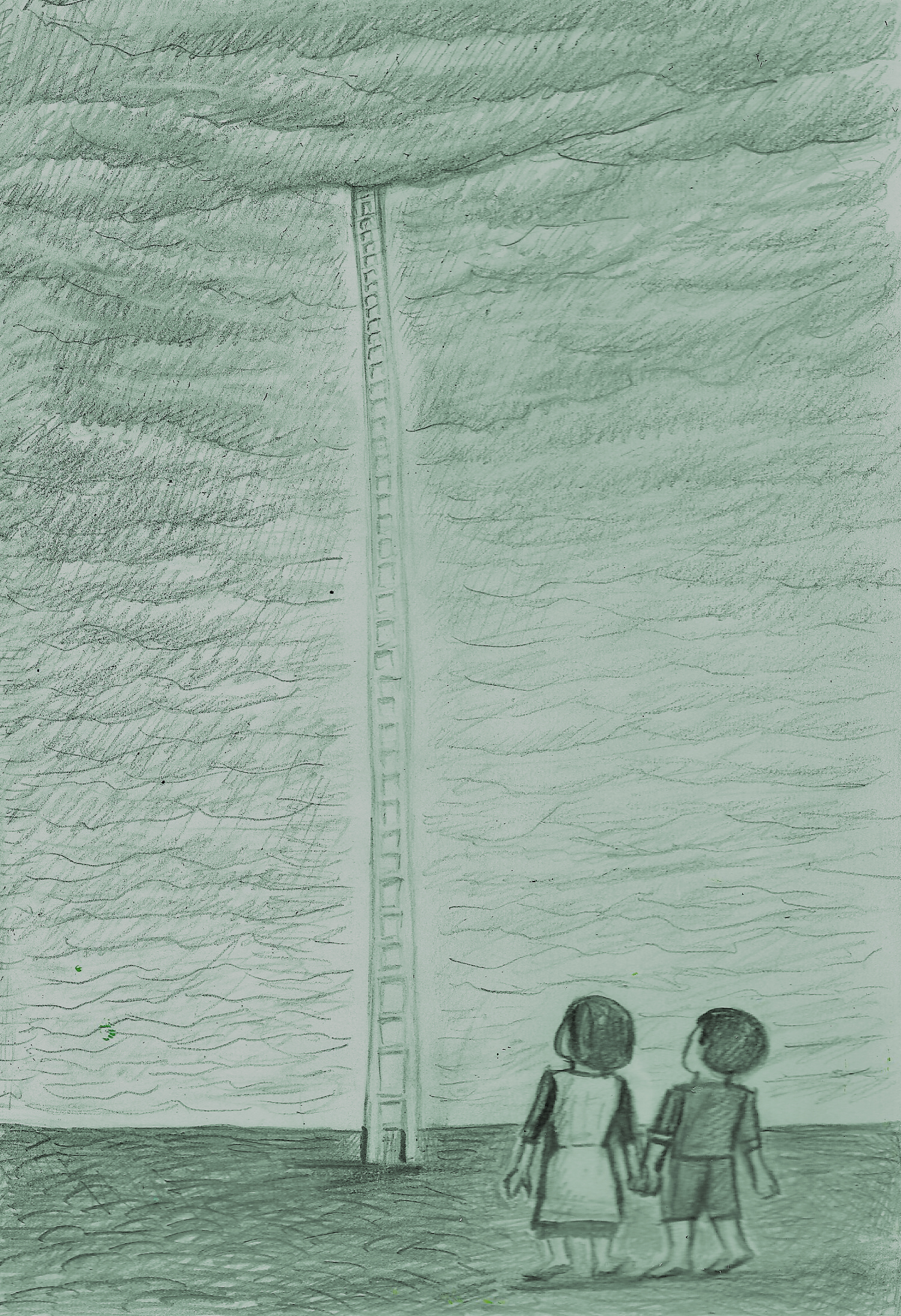 a drawing of two children standing in awe of a ladder that ascends into the high cloud