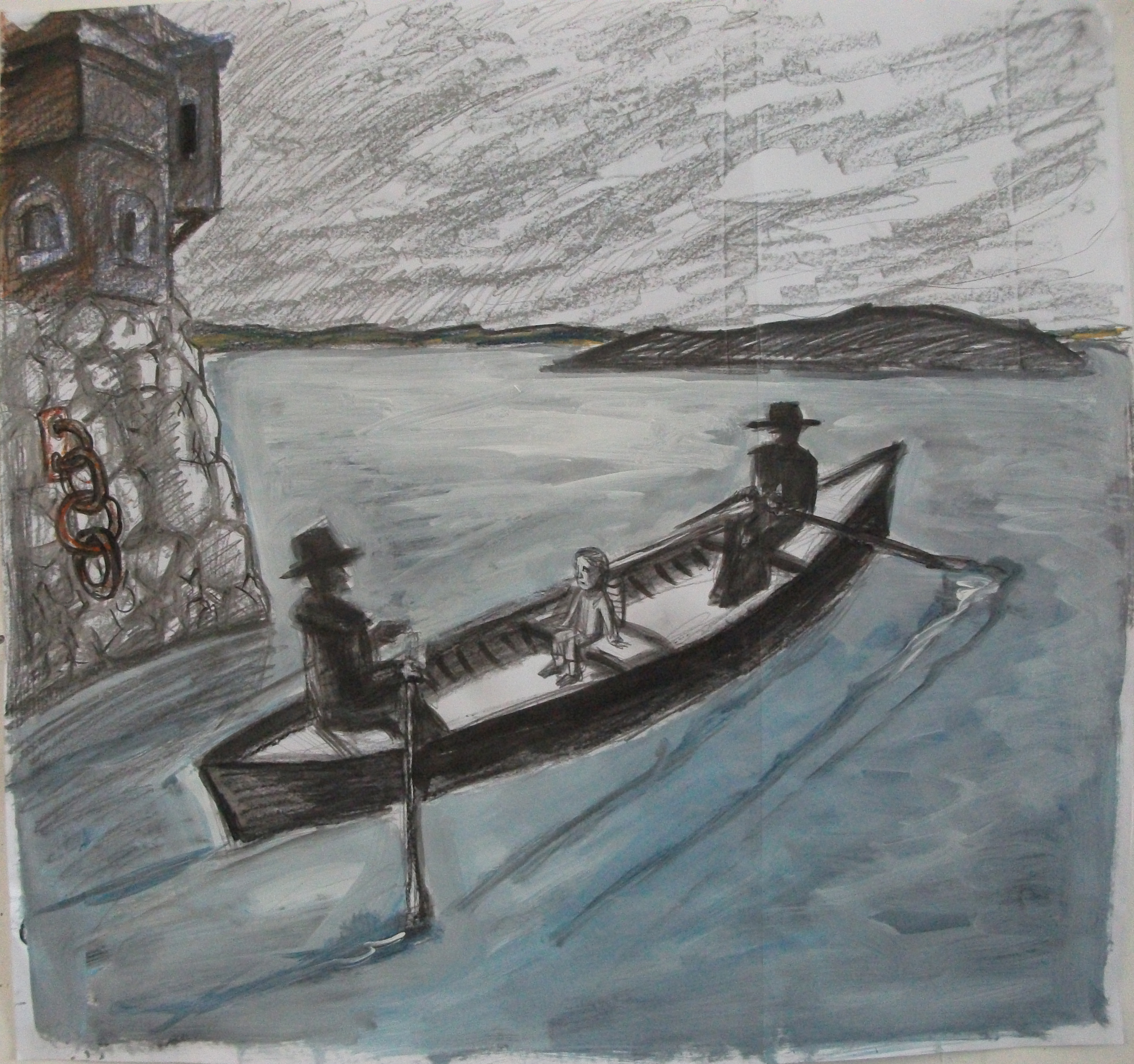 Two shadowy figures row a young child off in a boat.