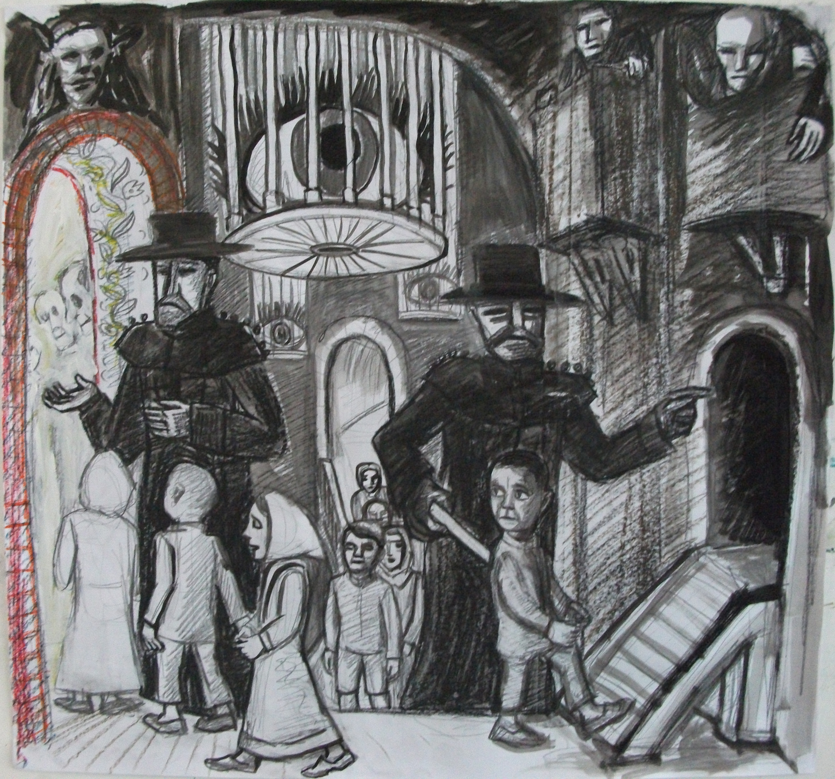 a grim and authoritarian scene with dark adults standing over children