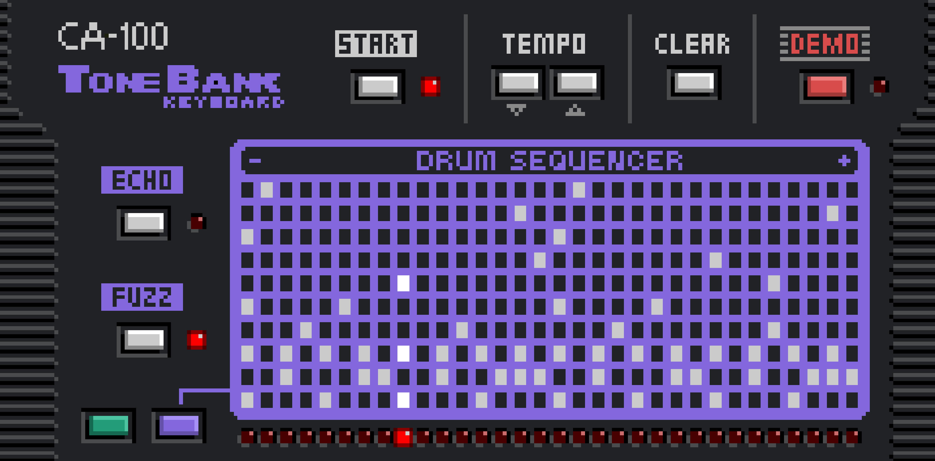 a screenshot of the simulator on the "drum sequencer" scene. It looks identical to the melody scene, but is in purple and black.