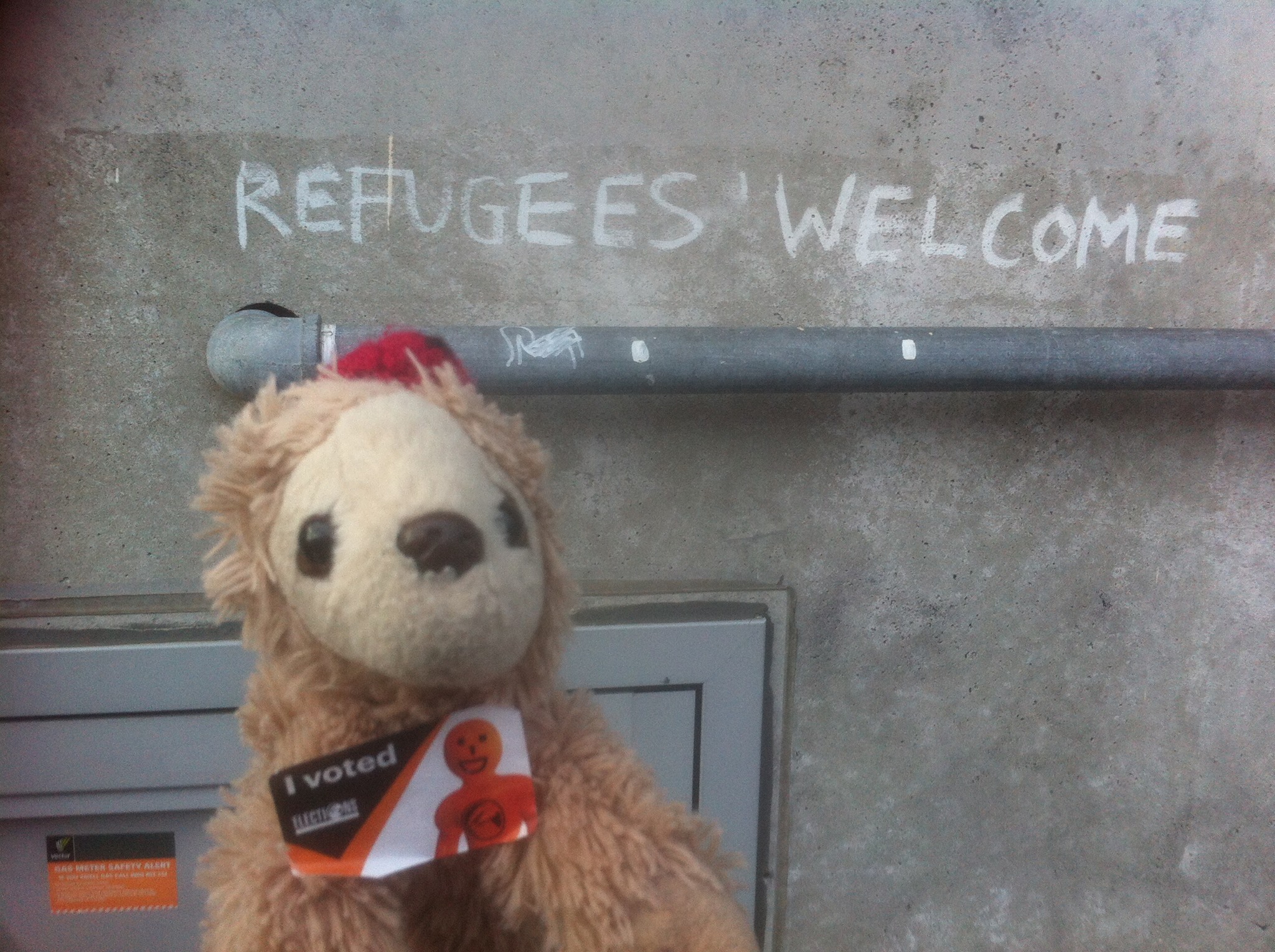 comrade snuggleton by some graffiti that reads "refugees welcome"