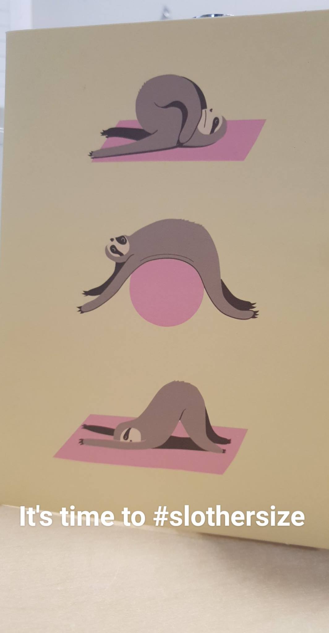 a comic illustration of a sloth on a yoga matt doing 3 different very relaxed poses