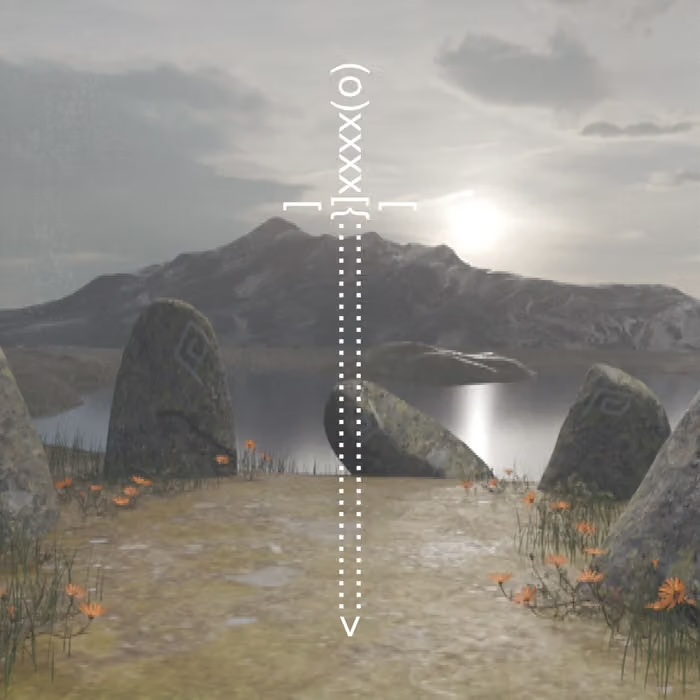 A pixelated view of a fantasy landscape, with rune-like stones and sunlight on a lake peeking over the mountains. A white sword is drawn out of dots and dashes in the foreground