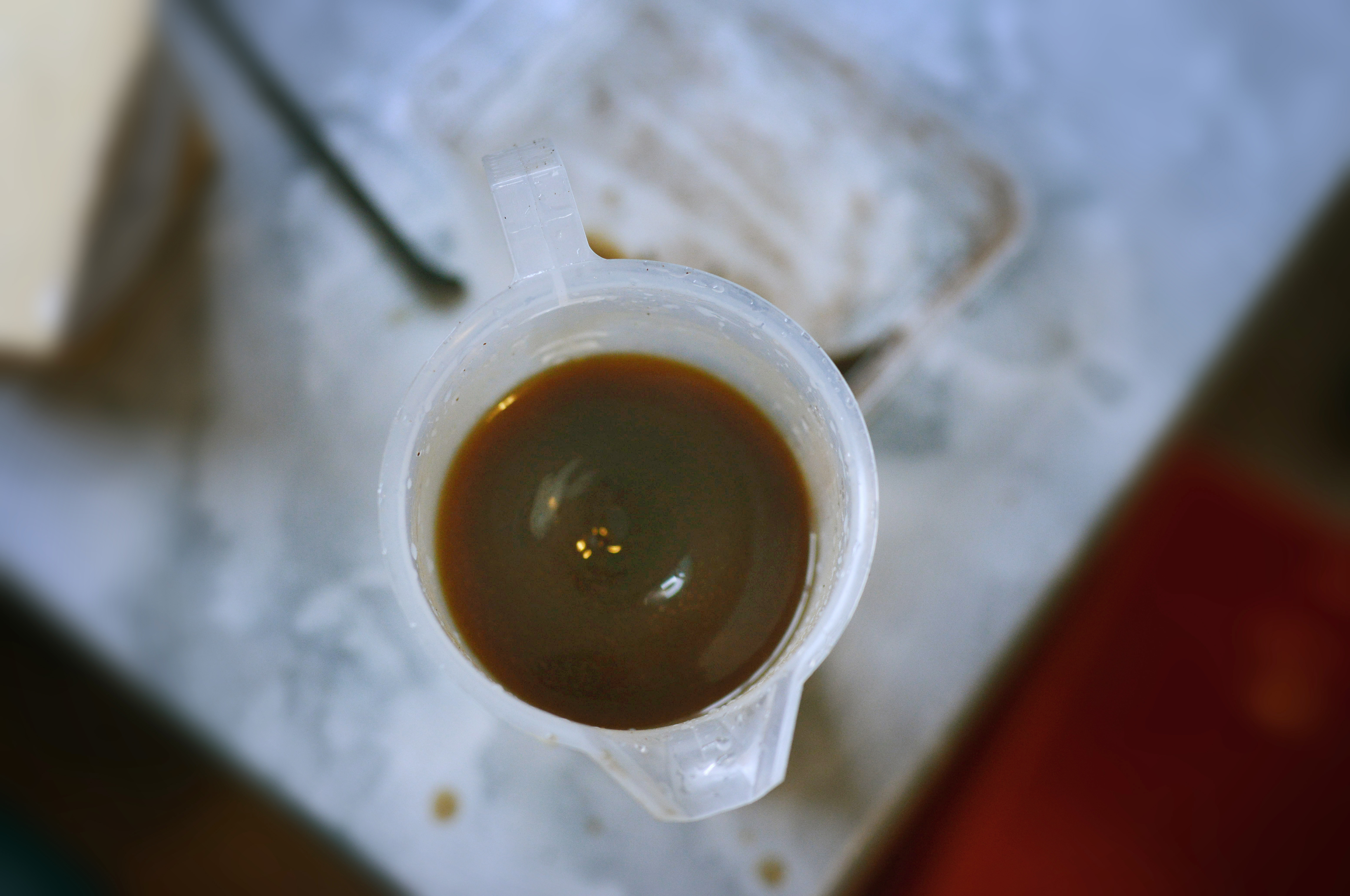 looking down into a plastic jug full of a brown murky liquid that has a glossy appearance