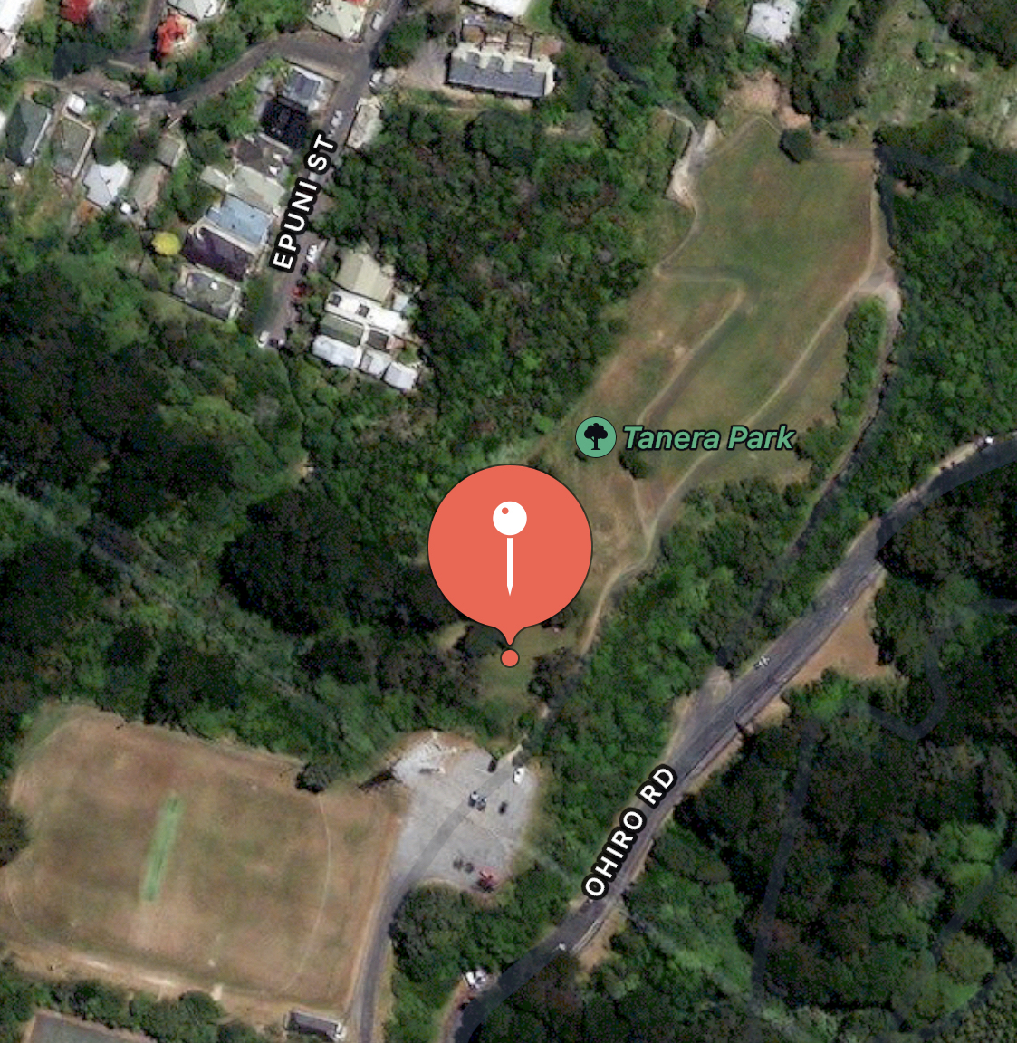 A map with a pin showing the location of the event just north of the Tanera carpark.