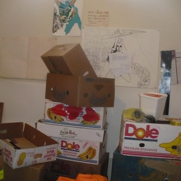 Boxes piled in a stairwell