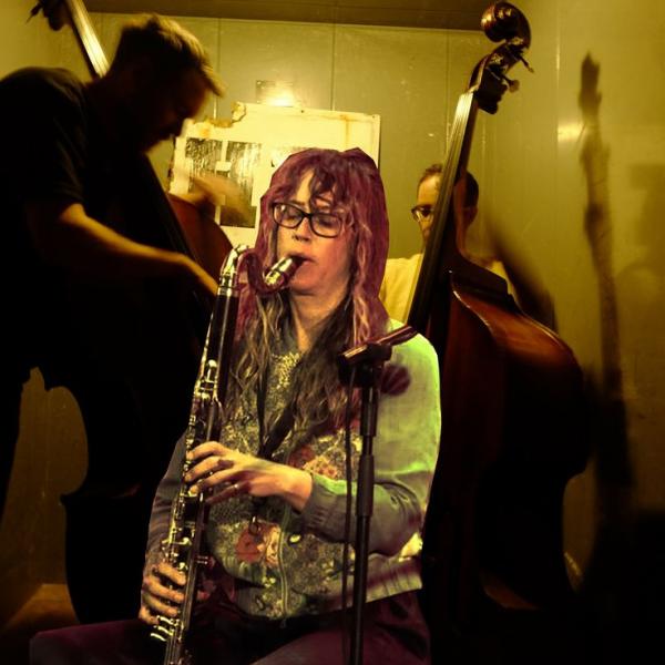 bridget playing saxophone superimposed over a photo of the two bassists.