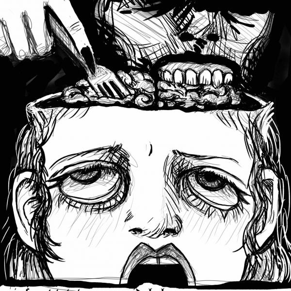 a pen drawing of someone eating the brains out of a head with the top half missing