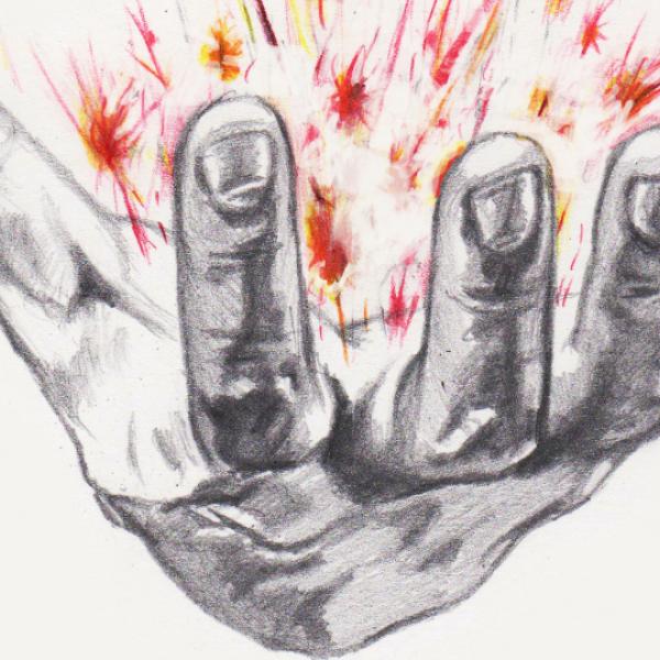 a pencil drawing of an open hand holding sparks and sparkles of red and yellow