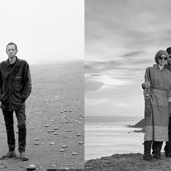 two black and white photos side by side, on the left, Roy Montgomery stands on the beach looking out onto the sea. On the right, Orchestra of Spheres members stand on the beach, hugging and smiling. 