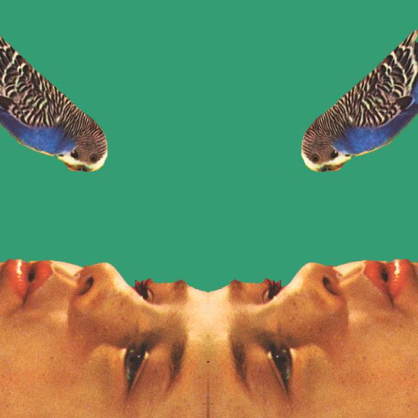 A vintage image of a woman holding and whistling to a bird appears is mirrored in a symmetrical design