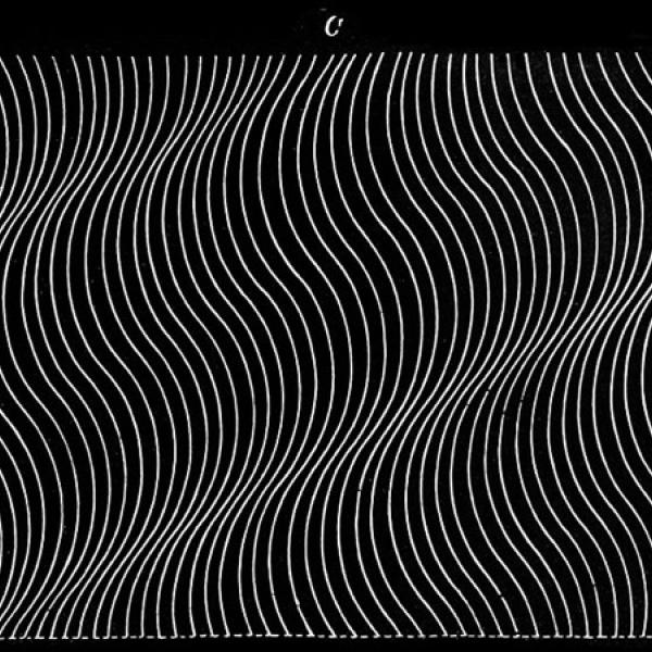 a white line-drawing of waves appears on a black background. Arrows and single letters decorate the outside edges