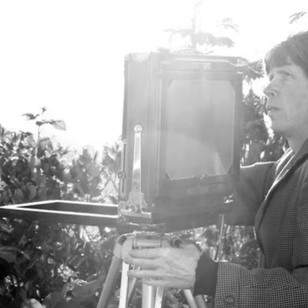 Andrew Ross stands next to a fold-out accordion-style camera, taking a long exposure photograph in the sun.