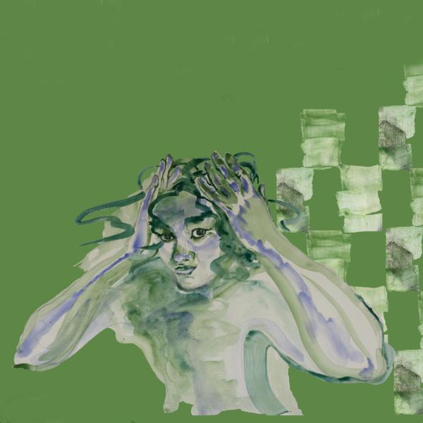 A painting of a woman holding her forehead, the background it green and there are squares of white in a trail behind her