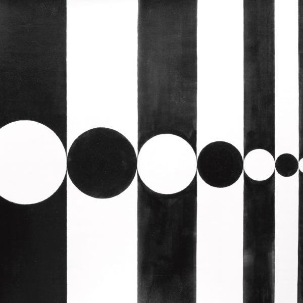 A pattern of increasingly narrow vertical stripes alternating black in white. In the center of these stripes are ovals which also alternate black and white and get smaller the narrower the stipe.