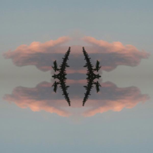 An image with several symetries. There are clouds merging and reflecting, a black abstract shape and a white cross.