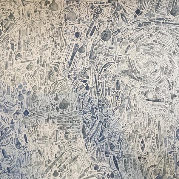 a big drawing of tiny things - hundreds of tiny pūoro mass into texture - all drawn by Ruby