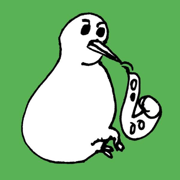 The Kiwijahzz label logo. A cartoon kiwi plays a saxophone, the background is a very bright green