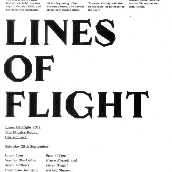 Lines of Flight poster for 2012. A white poster with black text. There is no image. The text gives a brief history of the fetsival, and invites people to celebrate the publishing of 'Erehwon Calling'.