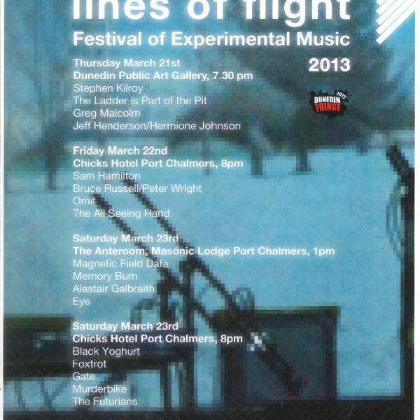 Lines of Flight poster for 2013. A heavily pixelated photo of an amp and mic with a scene projected. The scene is of a snowy landscape with dark trees.