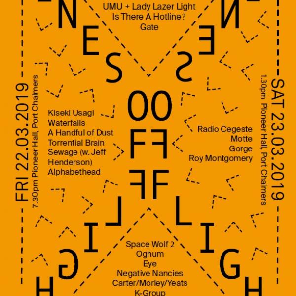 Lines of Flight poster for 2019. A yellow orange poster. The design is all made from black text and punctuation marks to create and almost mandala effect.