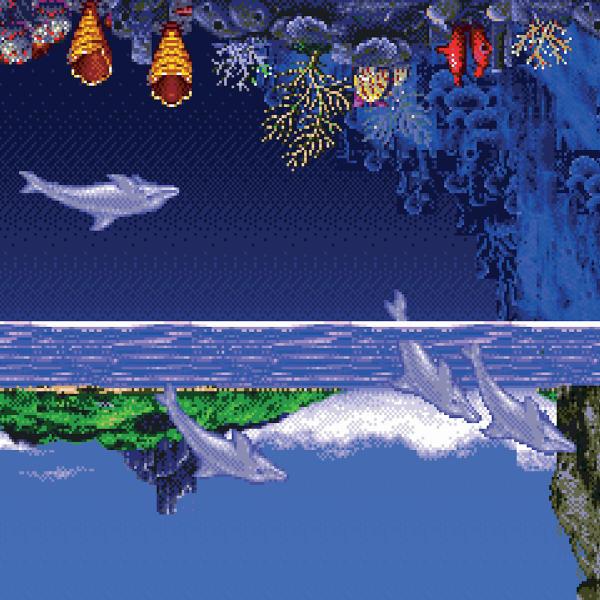 An upsidedown 8bit image of the sea. There are dolphins under water and dolphins leaping out in the air. There are corals and shells. It is fantastic