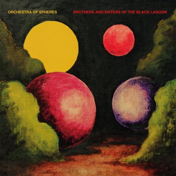 a tectured painting of large spheres floating through some shrubs and small bushes