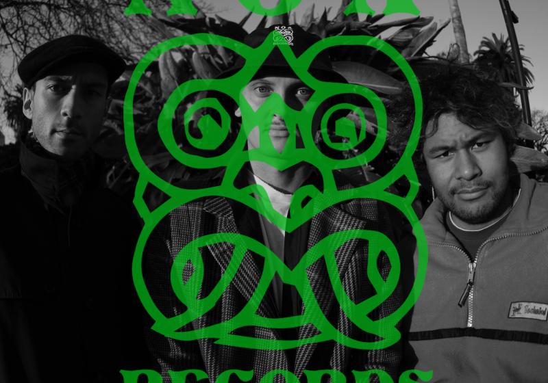 The label logo over an image of the members