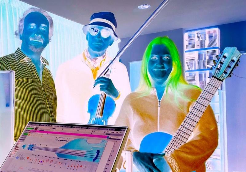 A reverse colour image of the three musicians