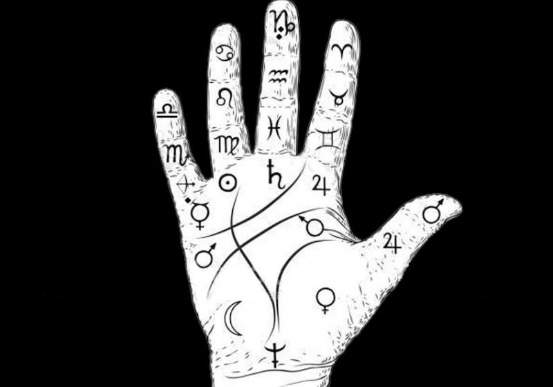a drawing of the palm of a hand covered in esoteric symbols