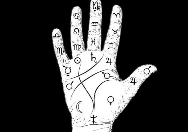 a drawing of the palm of a hand covered in esoteric symbols