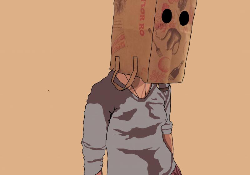 a rotoscoped image of Ro. They are wearing a paper bag ion their head with two holes cut out. The holes are black and you cannot see their eyes