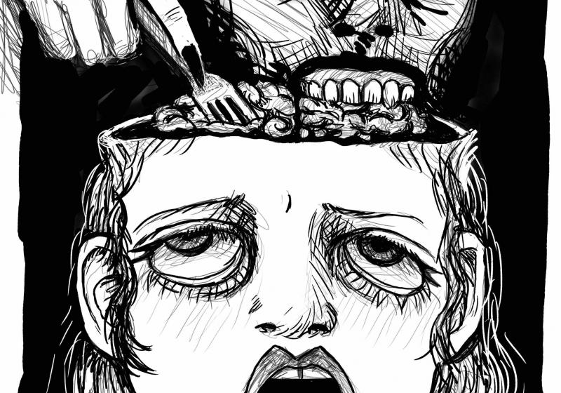a pen drawing of someone eating the brains out of a head with the top half missing