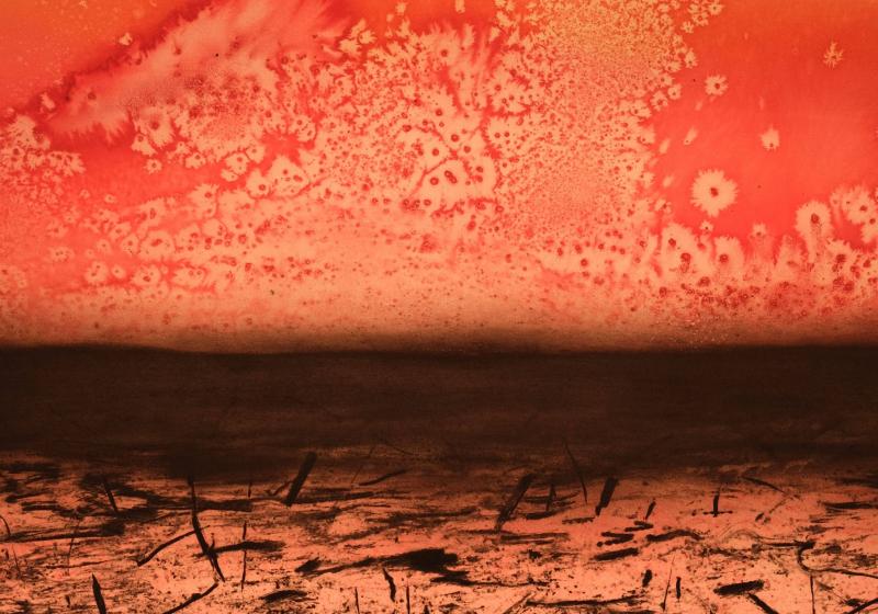 An abstract image in reds and oranges and dark marks. It is oily and full of tecture.