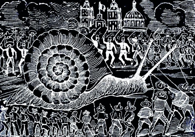 a pen and ink drawing of a giant snail being attacked and tied down by angry townsfolk.