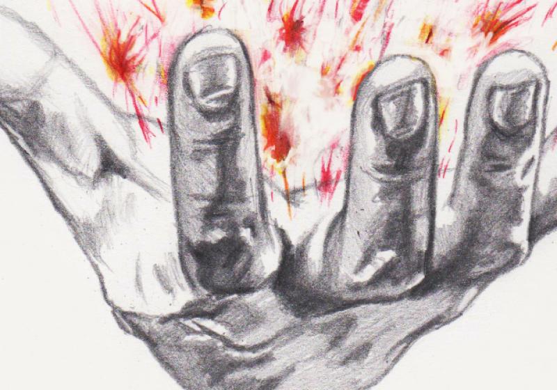 a pencil drawing of an open hand holding sparks and sparkles of red and yellow