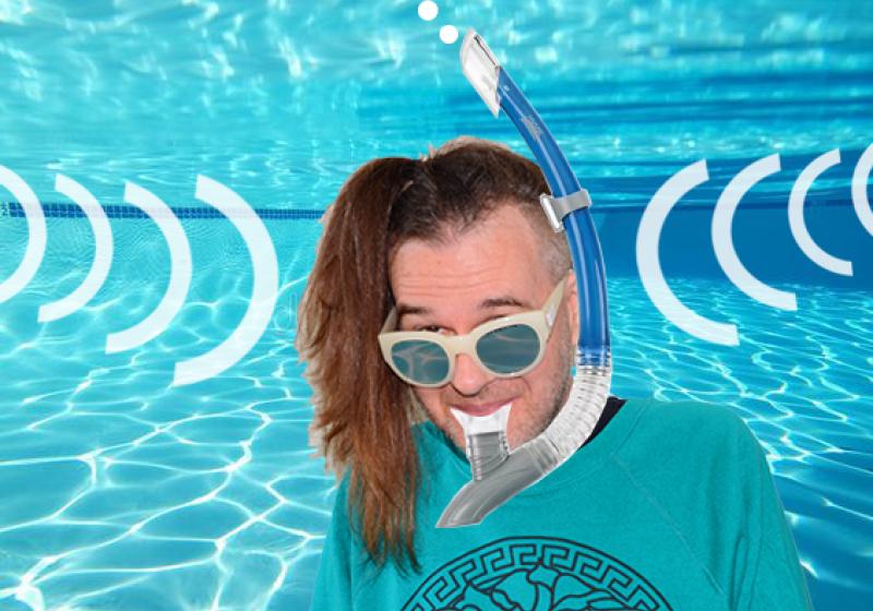 Kraus with a snorkel in his mouth, collaged onto a swimming pool.