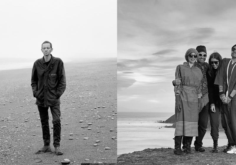 two black and white photos side by side, on the left, Roy Montgomery stands on the beach looking out onto the sea. On the right, Orchestra of Spheres members stand on the beach, hugging and smiling. 