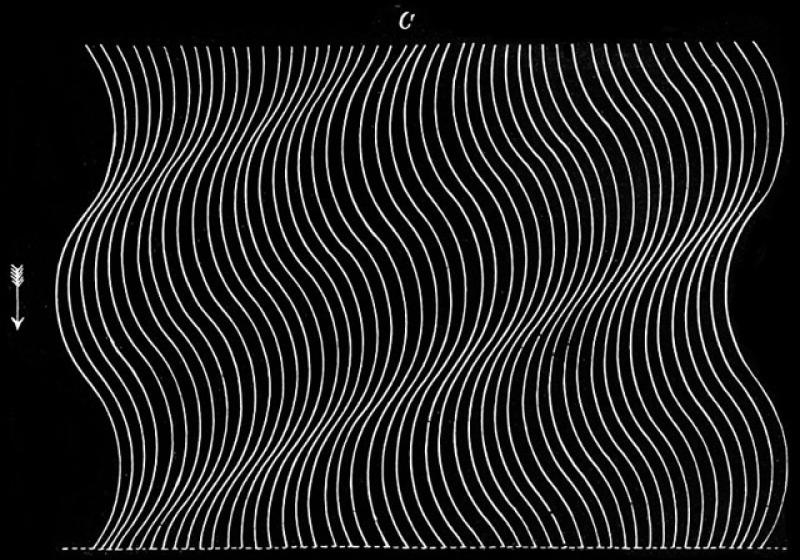 a white line-drawing of waves appears on a black background. Arrows and single letters decorate the outside edges