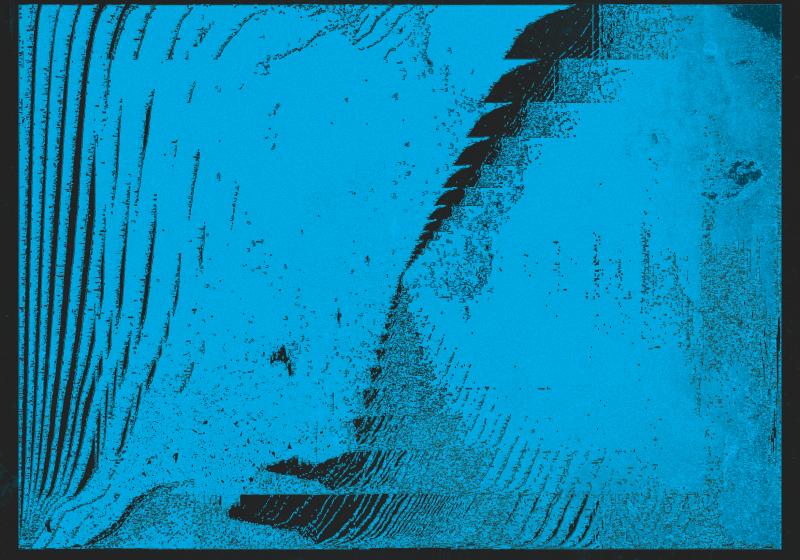 A screen-printed blue image of fractal-like squares inside of squares inside of squares.