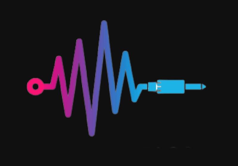 a sound-wave shaped line ends in a guitar jack, the line is filled with a colour gradient moving from pink to blue