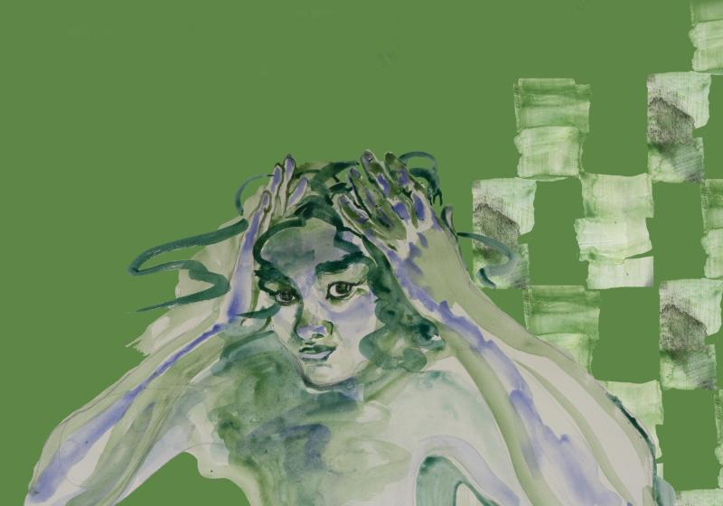 A painting of a woman holding her forehead, the background it green and there are squares of white in a trail behind her