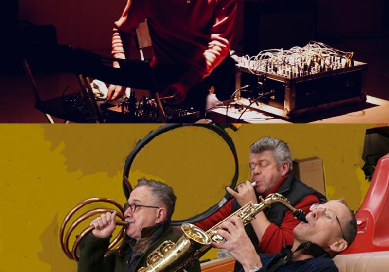 the image is split into two photos. The first photo on the top is of a performer hunched over a modular synthesiser with dramatic overhead lighting. the performer is deeply focused and their stance is intense. The second photo below features three performers. The performer closest to the camera is leaned back extremely far in their seat, apparently whaling away on an alto saxophone solo. Behind him the two other performers play invented wind instruments of thin long wound up metal pipe.