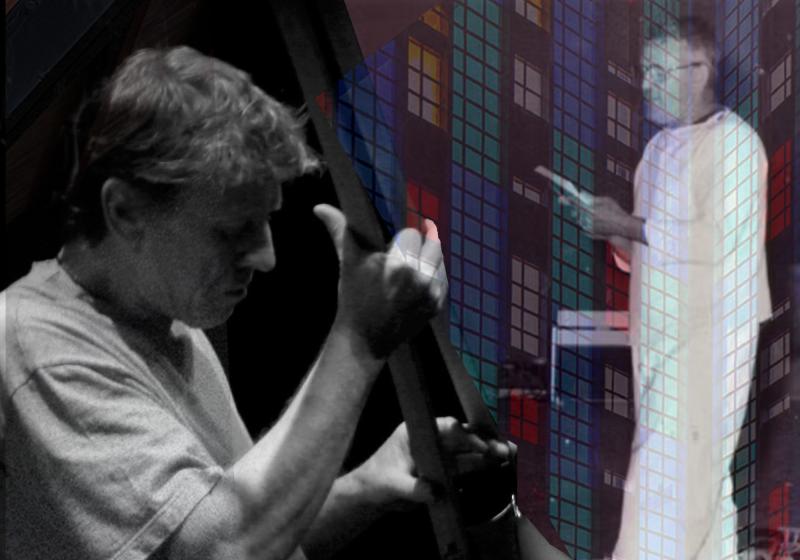 Three images superimposed together. On the left, Phil Dadson appears, performing with one of his own invented instruments. In the middle, the stained glass work from Futuna Chapel of Jim Allen, Phil Dadson's teacher, appears. On the right, Jim Allen appears performing a performance art piece of his. 