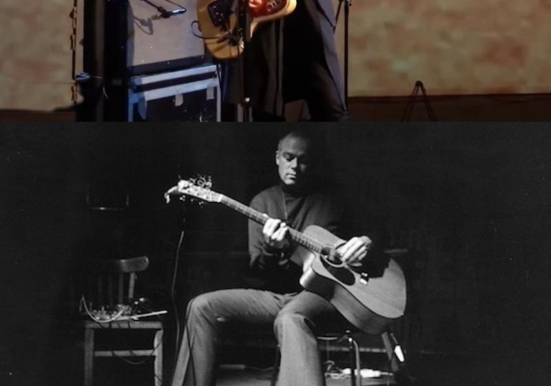 Two images. Top: Gemma Thompson performing with an electric guitar. Bottom: B&W Image of Greg Malcolm performing with an acoustic guitar