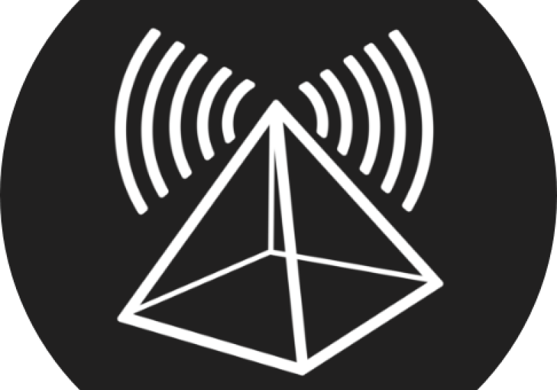 the logo, a pyramid with radiant lines representing broadcasting through the ether.
