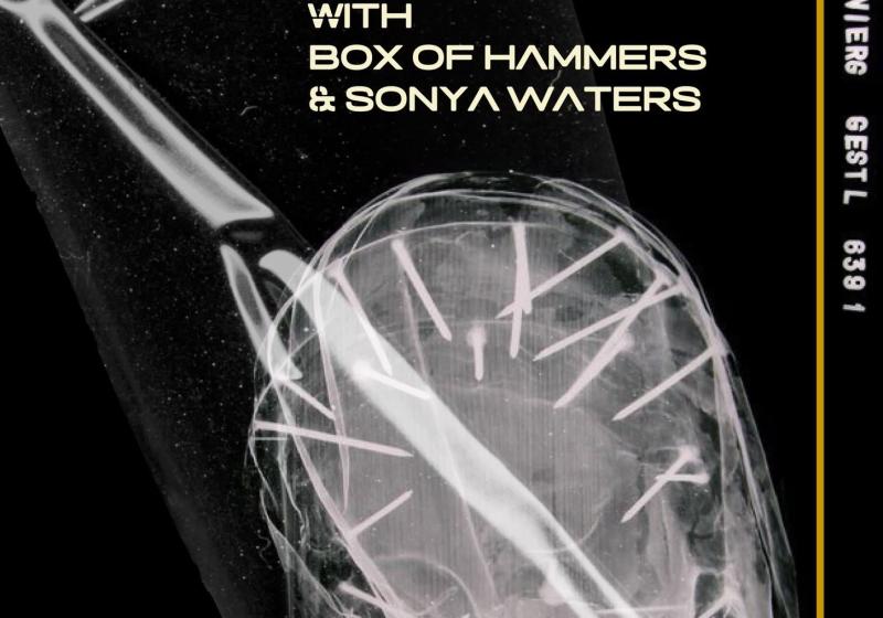 A gig poster shows an xray image of a nun statue with nails in their head